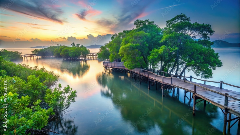 Fototapeta premium vibrant green mangrove forests thriving in murmuring estuary waters with weathered wooden docks and misty atmosphere at twilight