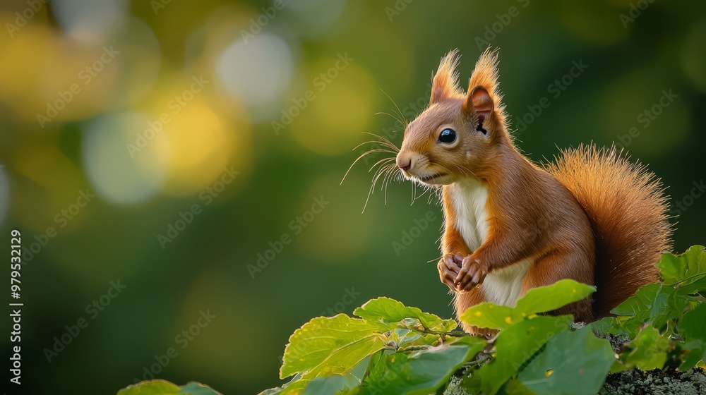  A red squirrel perches atop a green leaf-covered branch, paws resting on hind legs