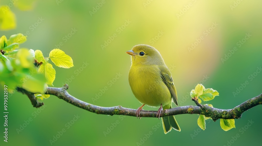  A small yellow bird sits on a tree branch, surrounded by focus green leaves, with a blurred backdrop of similar hue