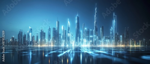 Digital Cityscape with Glowing Lines.