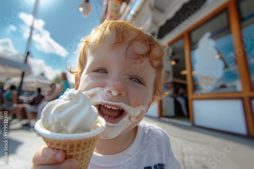 Toddler bright smile and bushy red locks. Gingery locks frame cherubic face of child innocent smile. Child giggles with every bite of ice cream. photo