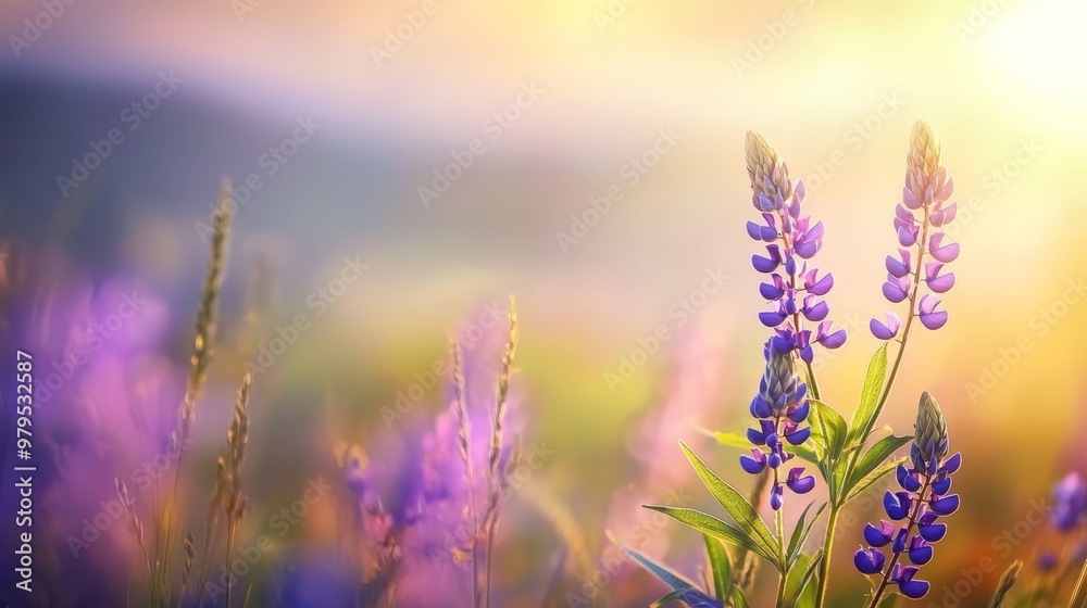 A field filled with purple flowers, sun shining through clouds in the background A field filled with purple flowers, sun shining through clouds in the background