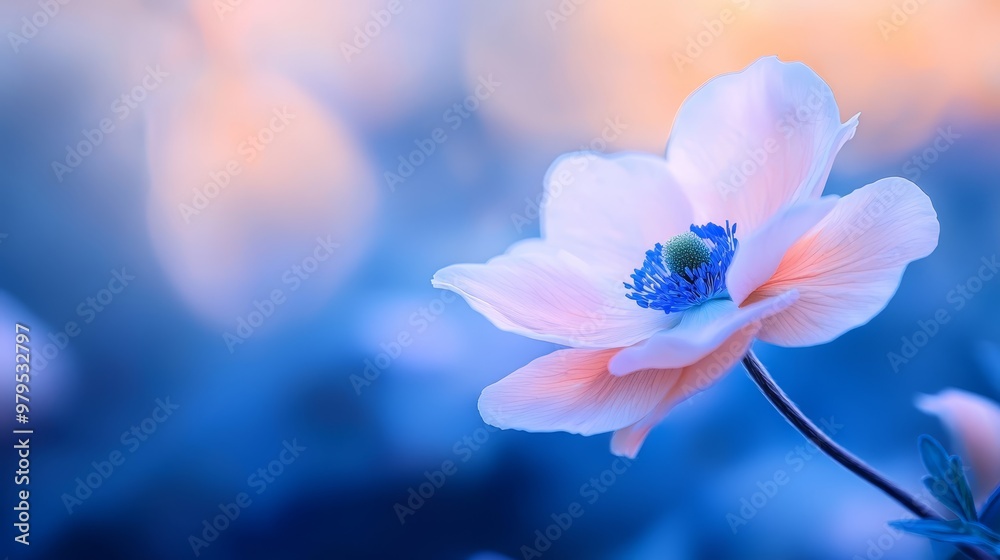 a pink flower with a blue center against a blurred backdrop of blue and white a pink flower with a blue center against a blurred backdrop of blue and white
