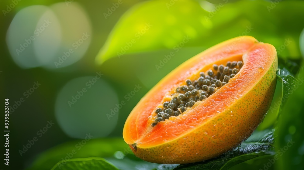  A detailed shot of a papaya on a leaf, with droplets of water clinging to its inner surface