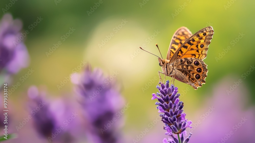 A tight shot of a butterfly perched on a purple-flowered plant Background softly blurred A tight shot of a butterfly perched on a purple-flowered plant Background softly blurred