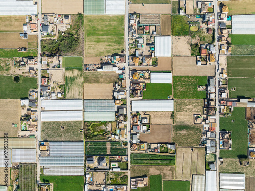 Aerial view of The semi rural district of La Algaida with its cultivated fields next to Sanlúcar de Barrameda. Aerial view. Drone shot. Cádiz province, Andalusia, Spain. photo