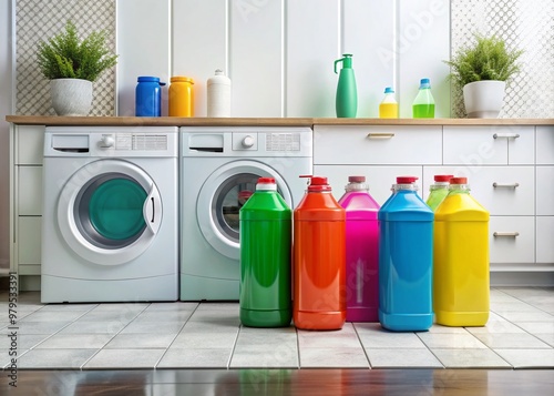 Colorful bottles of various washing liquid detergents sit on top of a modern washing machine in a clean and organized laundry room with a tile floor. photo