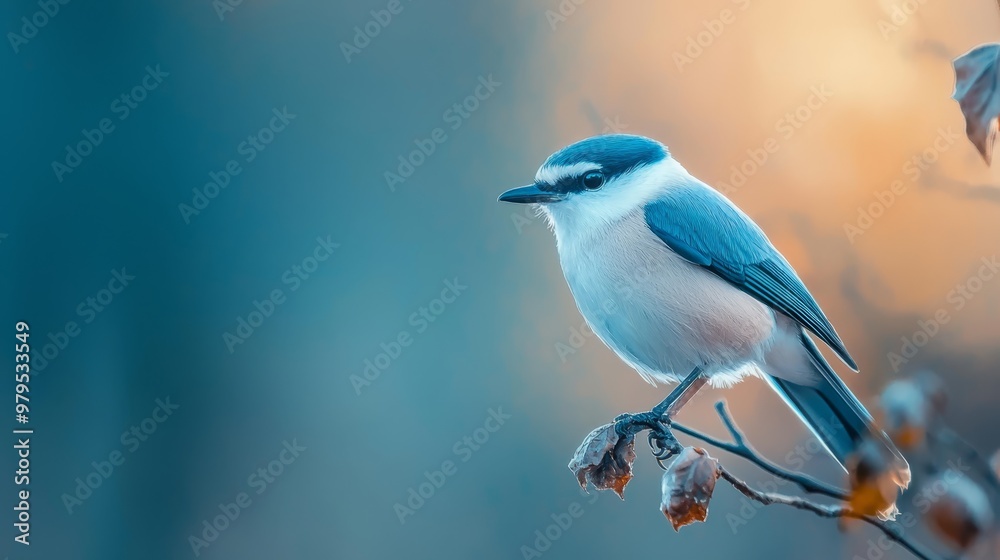 Obraz premium A blue-and-white bird perches atop a tree branch against a floral foreground