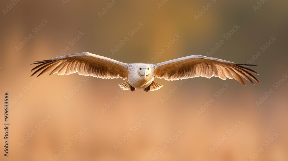  A large bird flies through the air, wings spread wide, head turned slightly to the side