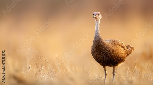  A birds-eye view of a bird perched in a field of tall grass The background is a slightly blurred sky