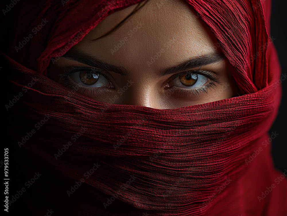 A woman with brown eyes and brown hair is wearing a red scarf. The scarf is covering her face, and she is looking at the camera. The image has a mysterious and intriguing mood A woman with brown eyes and brown hair is wearing a red scarf. The scarf is covering her face, and she is looking at the camera. The image has a mysterious and intriguing mood