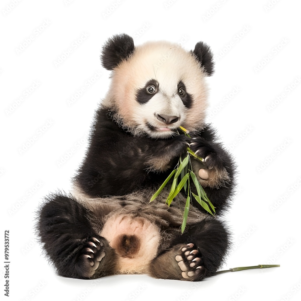 Fototapeta premium Panda Cub Sitting with a Playful Look, Holding a Small Piece of Bamboo
