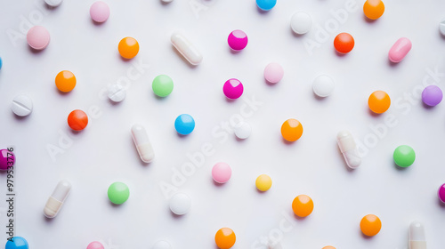 Colorful pills and capsules against a plain white backdrop.