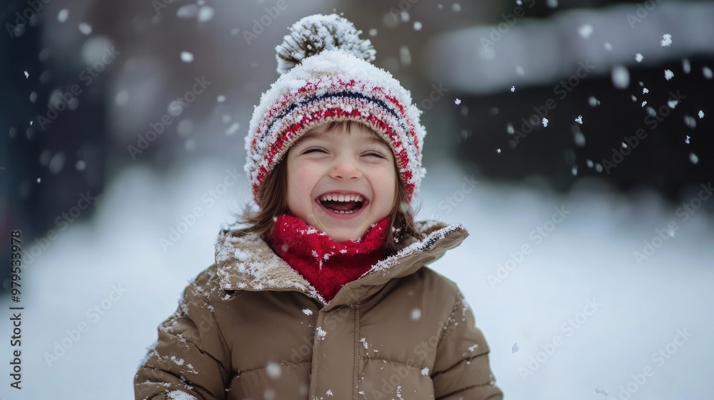 Smiling child playing in snow with knit pom-pom hat. Smiling child playing in snow with knit pom-pom hat.