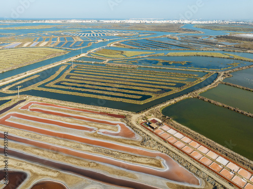 Aerial view of Saline ponds at the Bonanza salt works near Sanlúcar de Barrameda. Cádiz province, Andalusia, Spain. photo