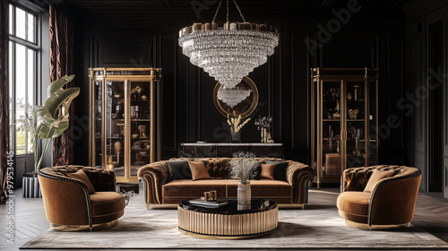 A luxurious vintage glam living room with gold accents, ornate furniture, plush velvet upholstery, and a large crystal chandelier hanging overhead