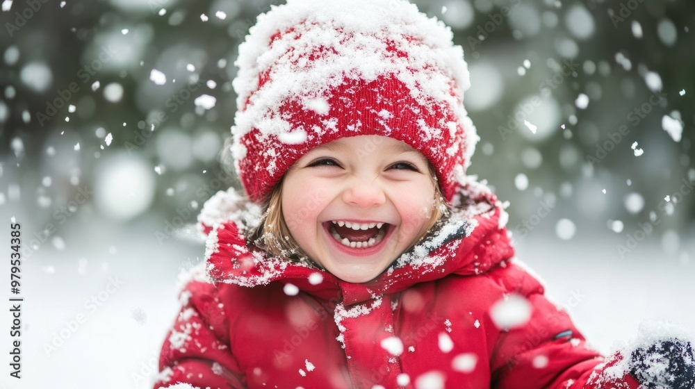 Child in a red coat, joyous in swirling snowflakes Child in a red coat, joyous in swirling snowflakes