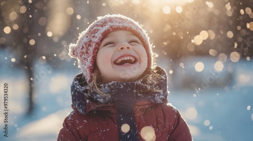 Laughing kid enjoying snowy day in vibrant red coat photo