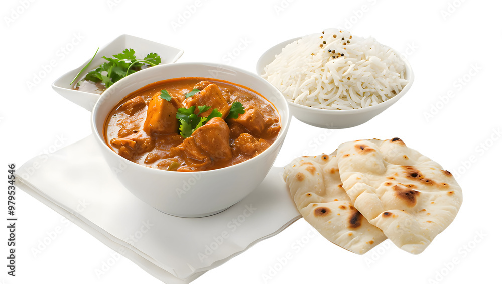 A bowl of chicken curry, a side of white rice, and two pieces of naan bread on a white napkin. Generative Ai A bowl of chicken curry, a side of white rice, and two pieces of naan bread on a white napkin. Generative Ai