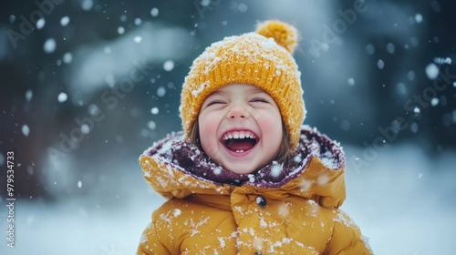 Obraz na płótnie Cheerful child in yellow coat enjoys winter snowflakes w salonie