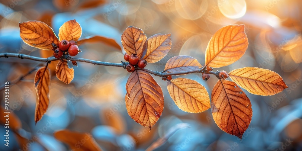 Obraz premium A close-up view of a branch with vibrant orange leaves and small red berries illuminated by soft, warm sunlight, creating a beautiful and serene natural scene