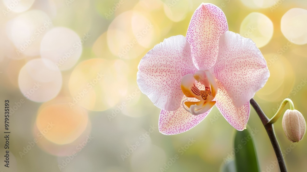 A close-up of a pink flower on a stem with a blurred background of light A close-up of a pink flower on a stem with a blurred background of light