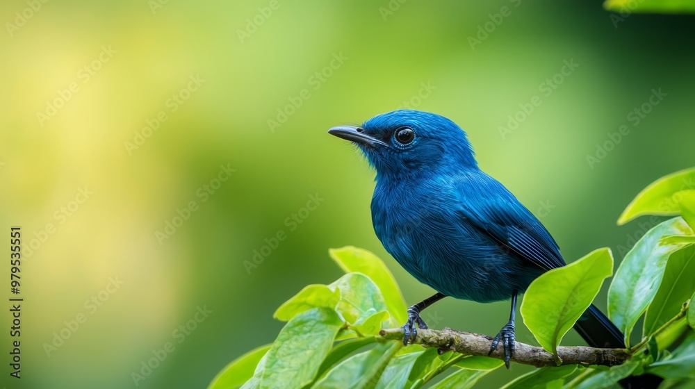  A bluebird atop a verdant tree branch against a green, softly blurred backdrop