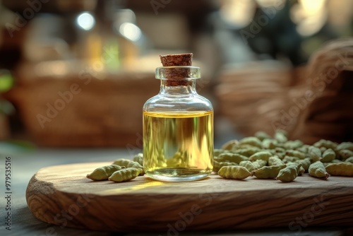 design banner with cardamom oil, promoting organic skincare and aromatherapy using wooden board and glass bottle photo