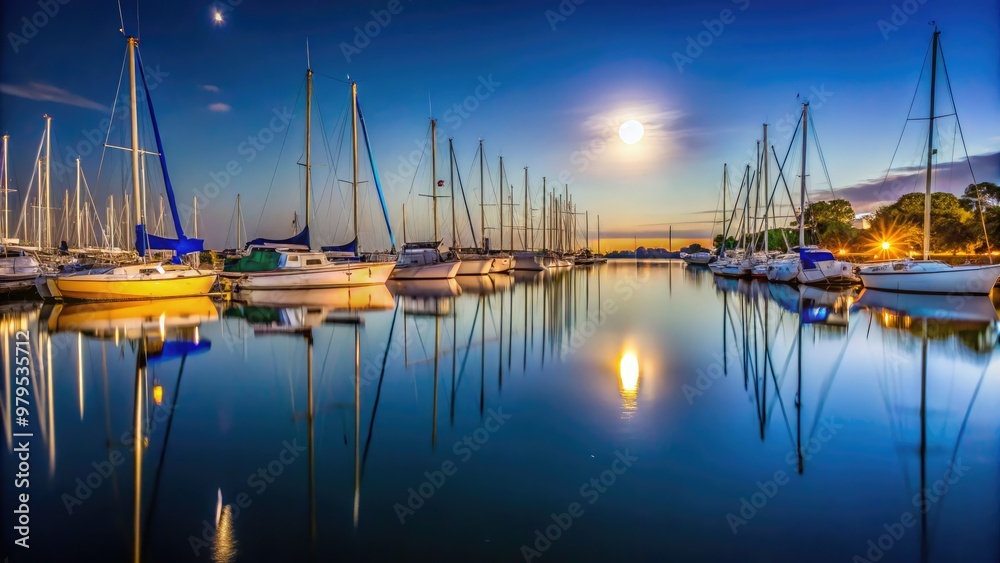 Moonlit harbor quiet sailboats mirrored reflection calm peaceful nocturnal serene waters Moonlit harbor quiet sailboats mirrored reflection calm peaceful nocturnal serene waters