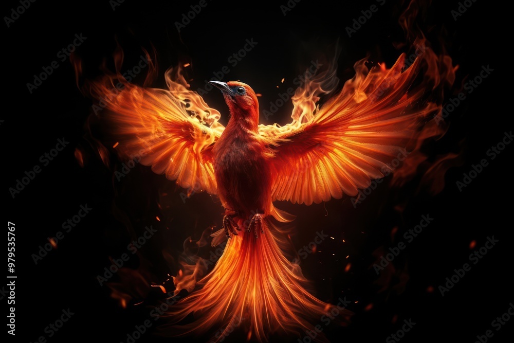 Fototapeta premium Bird fire flame black background creativity darkness.