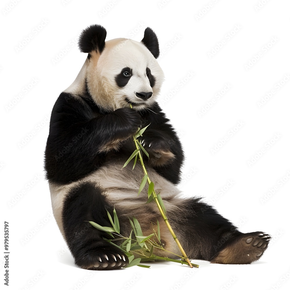 Obraz premium Panda Sitting on Its Haunches, Eating a Bamboo Stalk with Intense Focus, Fur Texture Visible