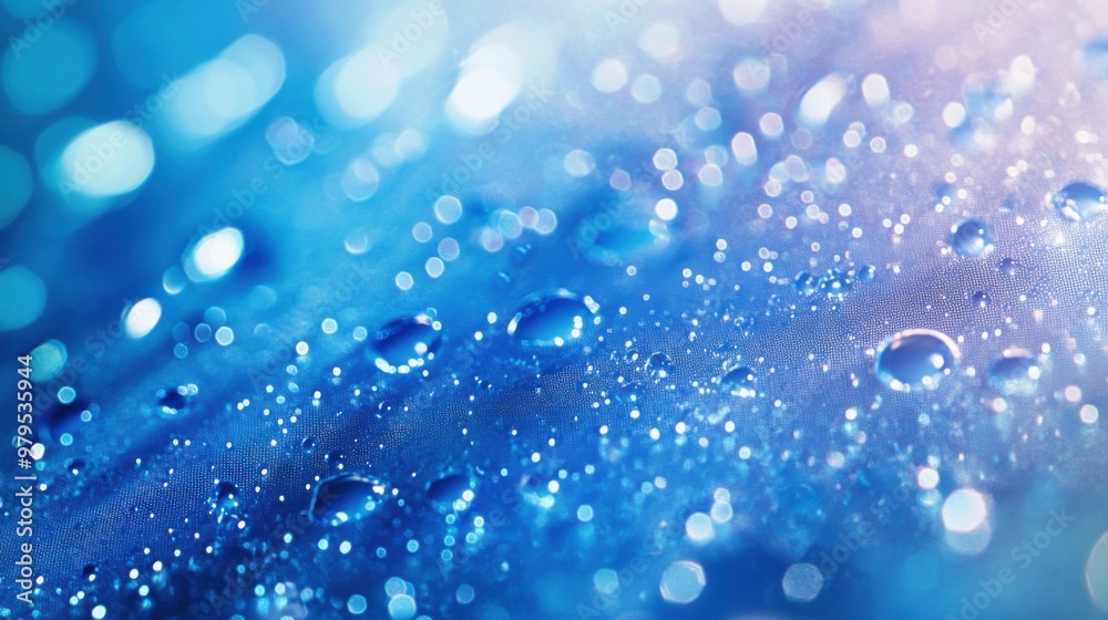Water droplets on blue surface in soft focus, creating tranquil abstract pattern Water droplets on blue surface in soft focus, creating tranquil abstract pattern