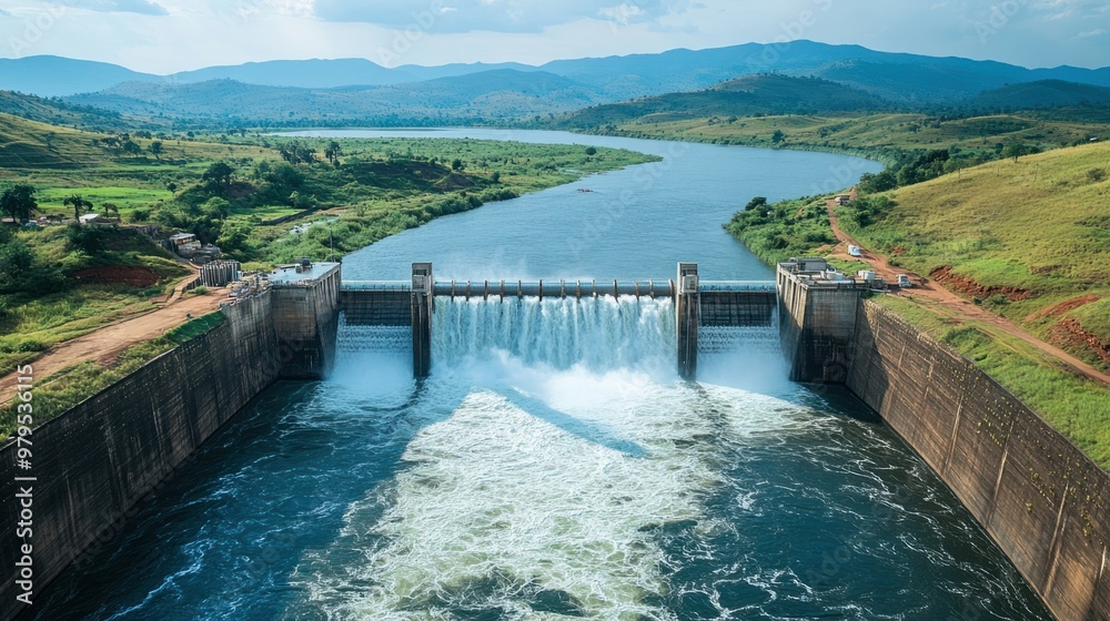 A long view of a hydroelectric dam with water flowing through the spillway into a vast river below.
