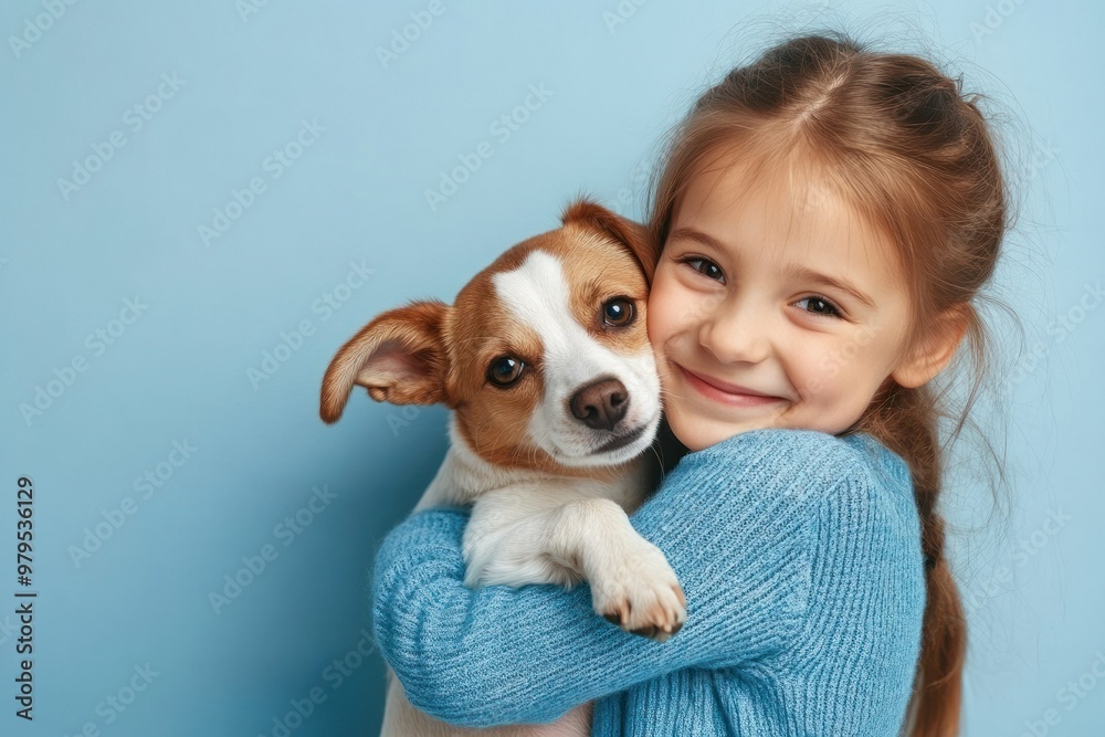 Young girl embracing dog with joyful smile on face.