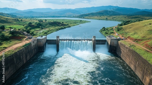 A long view of a hydroelectric dam with water flowing through the spillway into a vast river below. photo