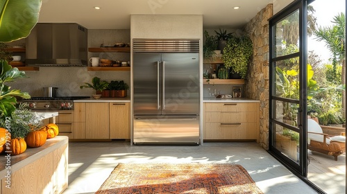 A stainless steel refrigerator with a minimalist kitchen design