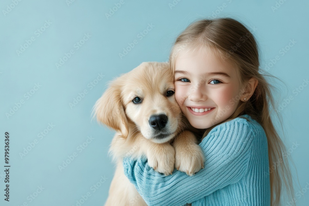 Smiling girl with golden retriever puppy in blue sweater Smiling girl with golden retriever puppy in blue sweater