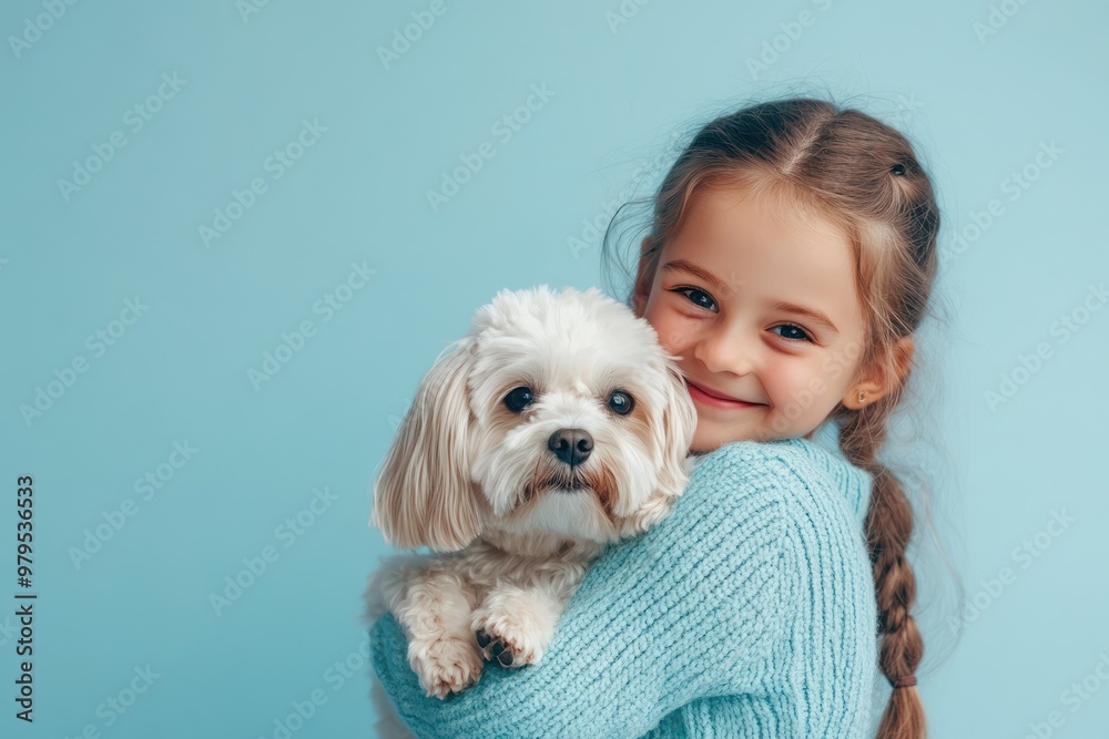 Happy child snuggling fluffy white dog, blue backdrop Happy child snuggling fluffy white dog, blue backdrop
