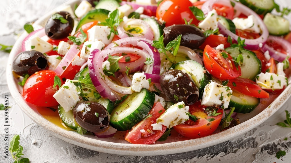 A classic Greek salad with fresh cucumbers, tomatoes, onions, Kalamata olives, and feta cheese, drizzled with olive oil and oregano