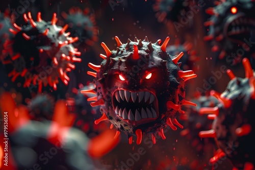 Angry virus looks hostile pronounced eyes and expressive face. Cartoon virus looks somewhat peeved eyes that convey strong emotion. Visual allegory infection's emotional impact human body. photo