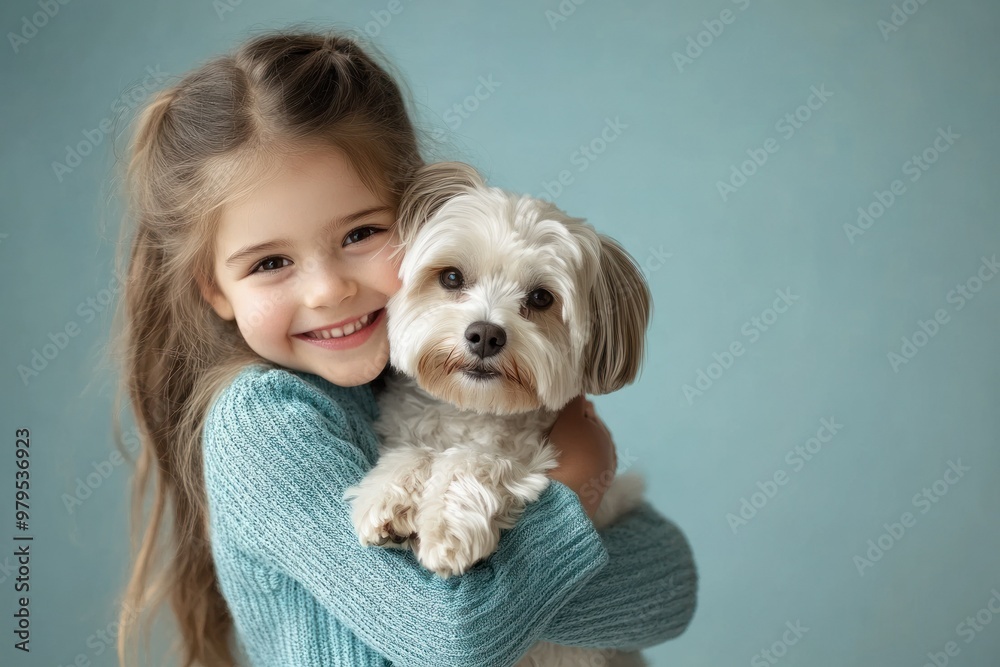 Young girl affectionately holds small white dog. Young girl affectionately holds small white dog.