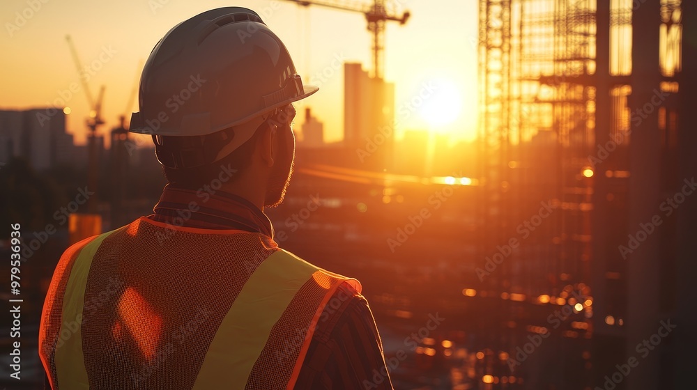 Embracing Change: A Worker Watches the Sunset Over a Construction Site, Reflecting Hope and Progress in an Urban Landscape Embracing Change: A Worker Watches the Sunset Over a Construction Site, Reflecting Hope and Progress in an Urban Landscape