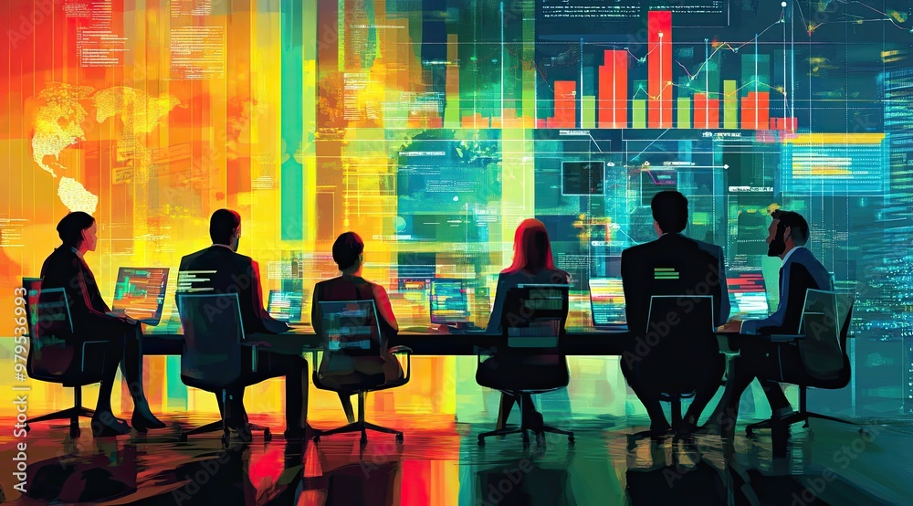A vibrant illustration of diverse business professionals engaging in a virtual meeting, discussing global market trends with digital graphs and chart A vibrant illustration of diverse business professionals engaging in a virtual meeting, discussing global market trends with digital graphs and chart