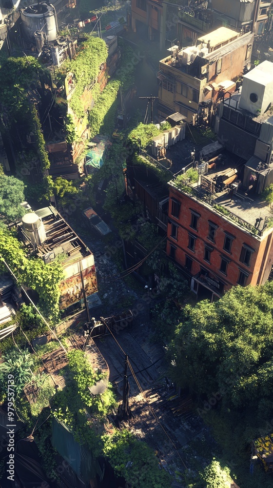 Fototapeta premium An enchanting aerial perspective where whimsical fantasy worlds intertwine with urban life