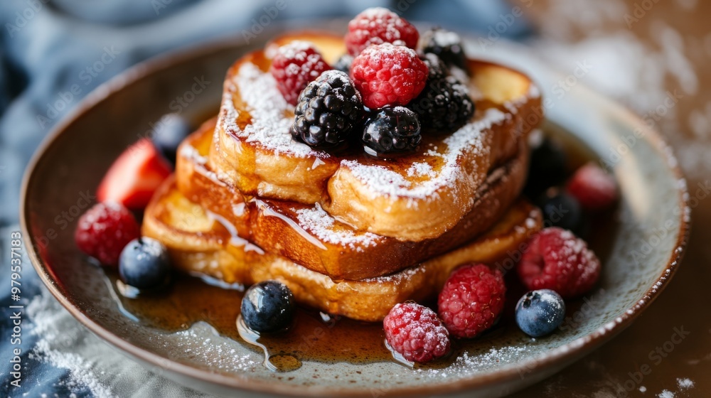 A stack of French toast slices dusted with powdered sugar and topped with fresh berries and a drizzle of maple syrup, served on a rustic ceramic plate. A stack of French toast slices dusted with powdered sugar and topped with fresh berries and a drizzle of maple syrup, served on a rustic ceramic plate.