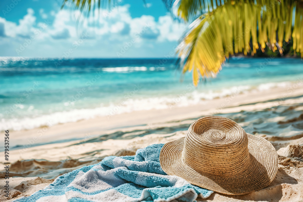 Straw hat and towel resting on idyllic tropical beach Straw hat and towel resting on idyllic tropical beach