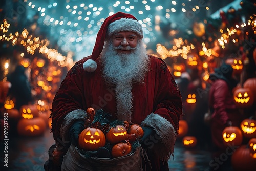 Santa Claus carrying glowing pumpkins at a festive night market photo