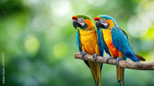  Two parrots, vividly colored, perch on a branch against a backdrop of trees and leaves with a blurred foreground