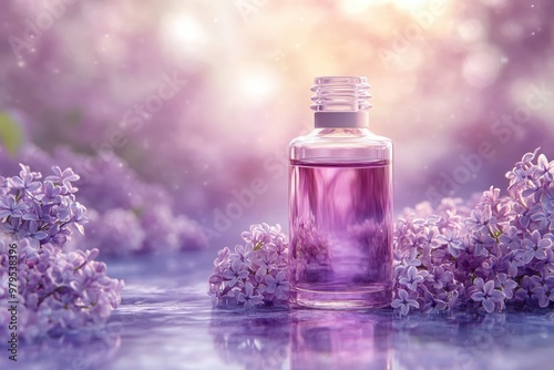 organic skincare concept banner design with lilac essential oil bottle and fresh blooming flowers