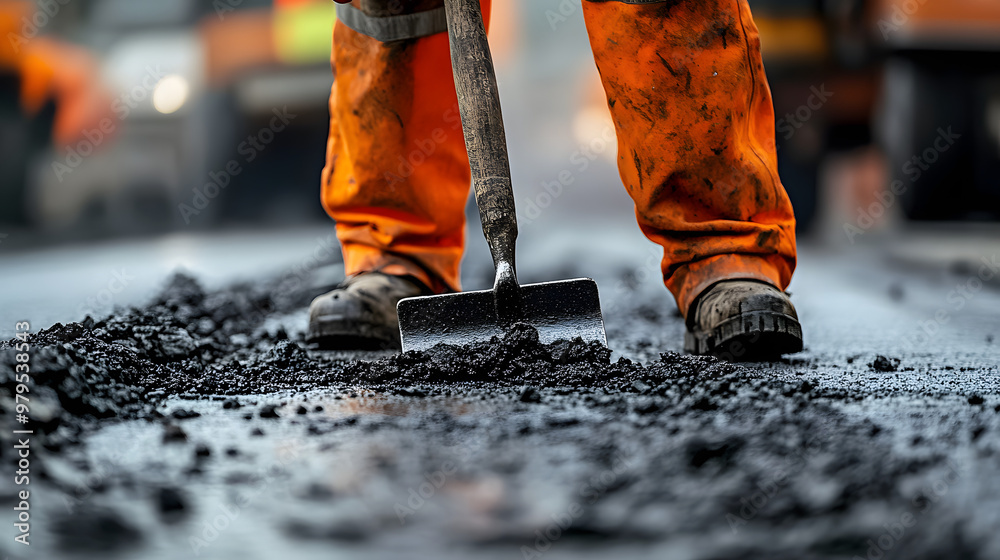 A worker in orange pants is shown up close working on road repair, using tools. The image highlights ongoing construction work on the street A worker in orange pants is shown up close working on road repair, using tools. The image highlights ongoing construction work on the street